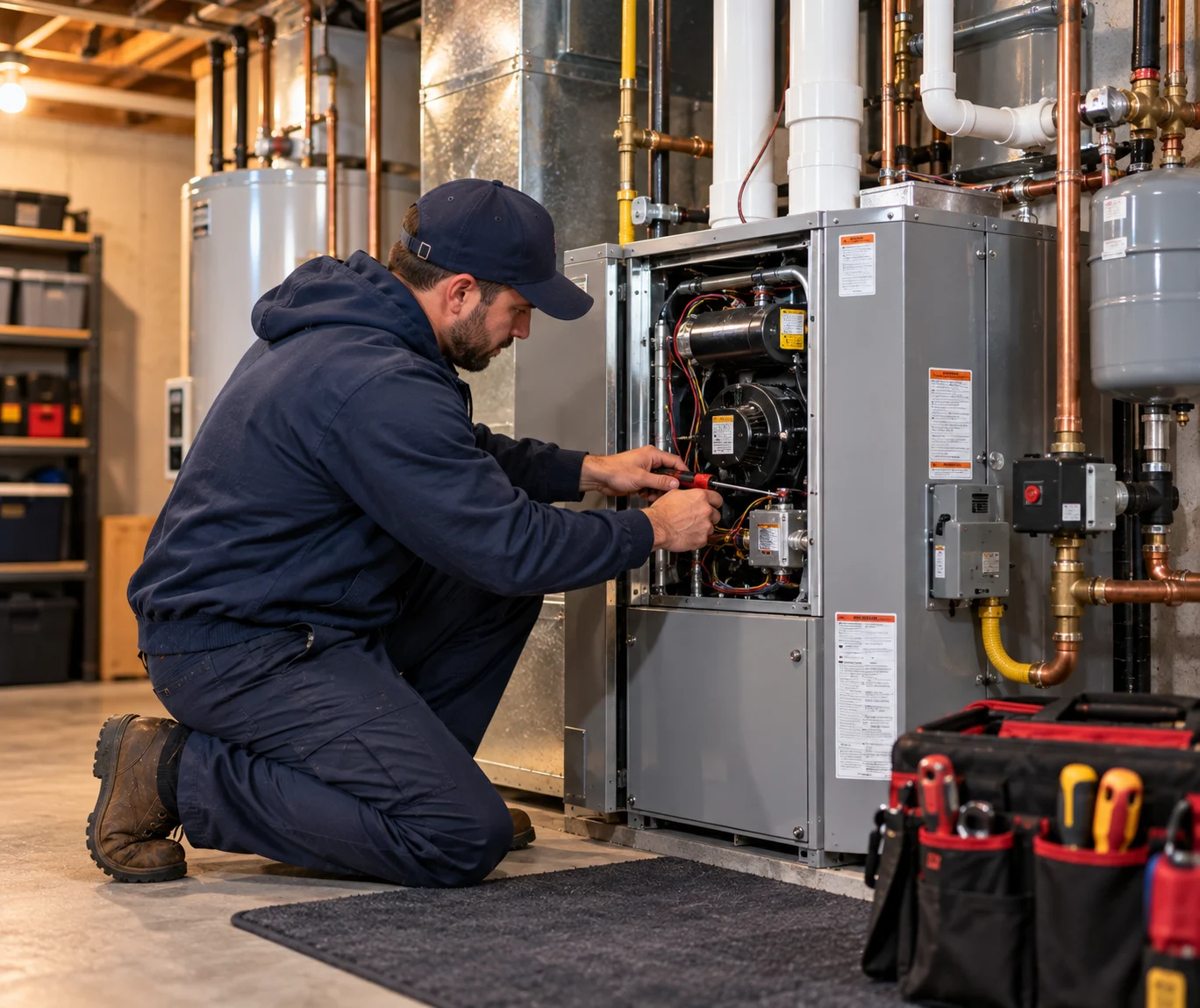 Plumber servicing water heater piping and controls in a South Florida utility room
