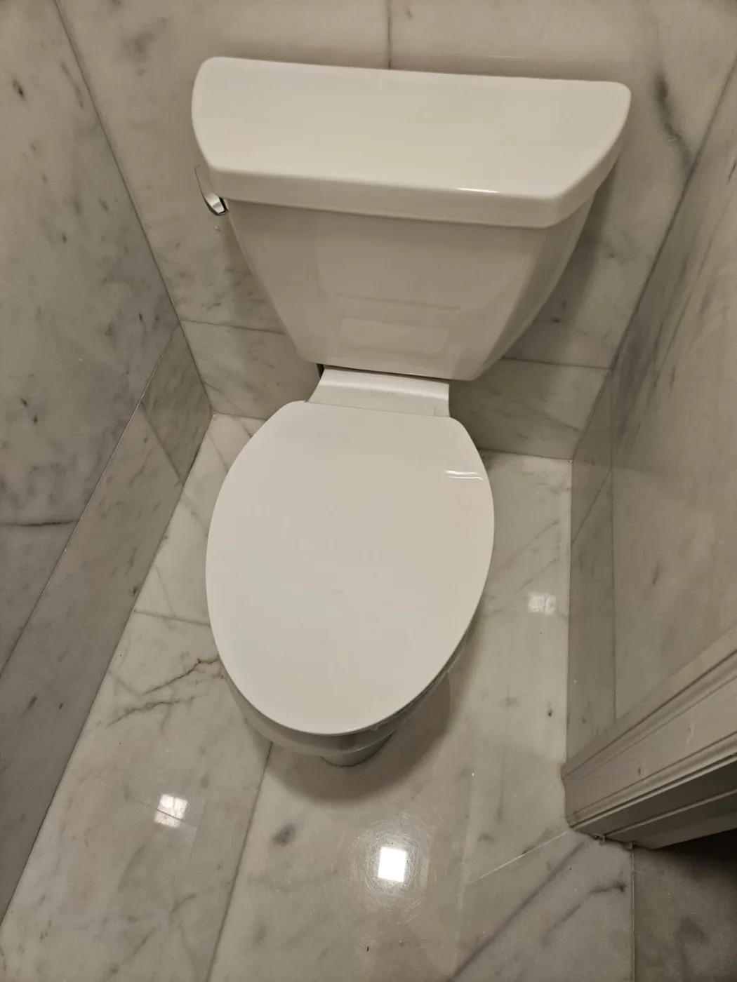 New elongated toilet installed in a marble bathroom