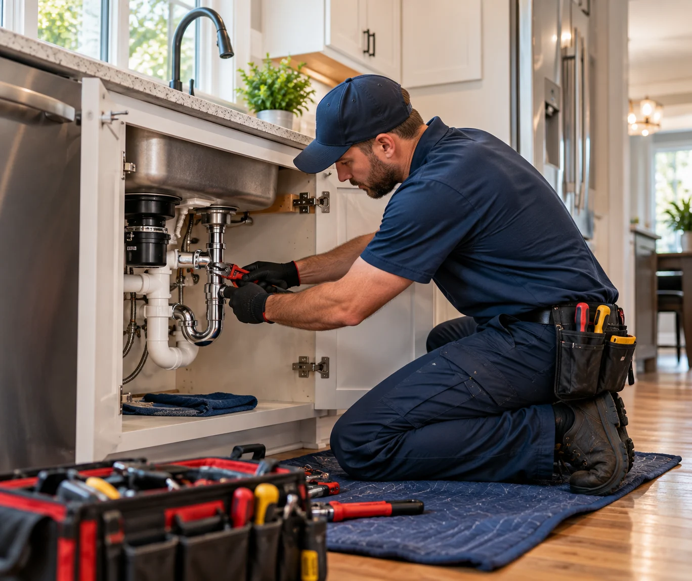 Plumber clearing a blocked kitchen sink drain and P-trap in a Lake Worth, FL home