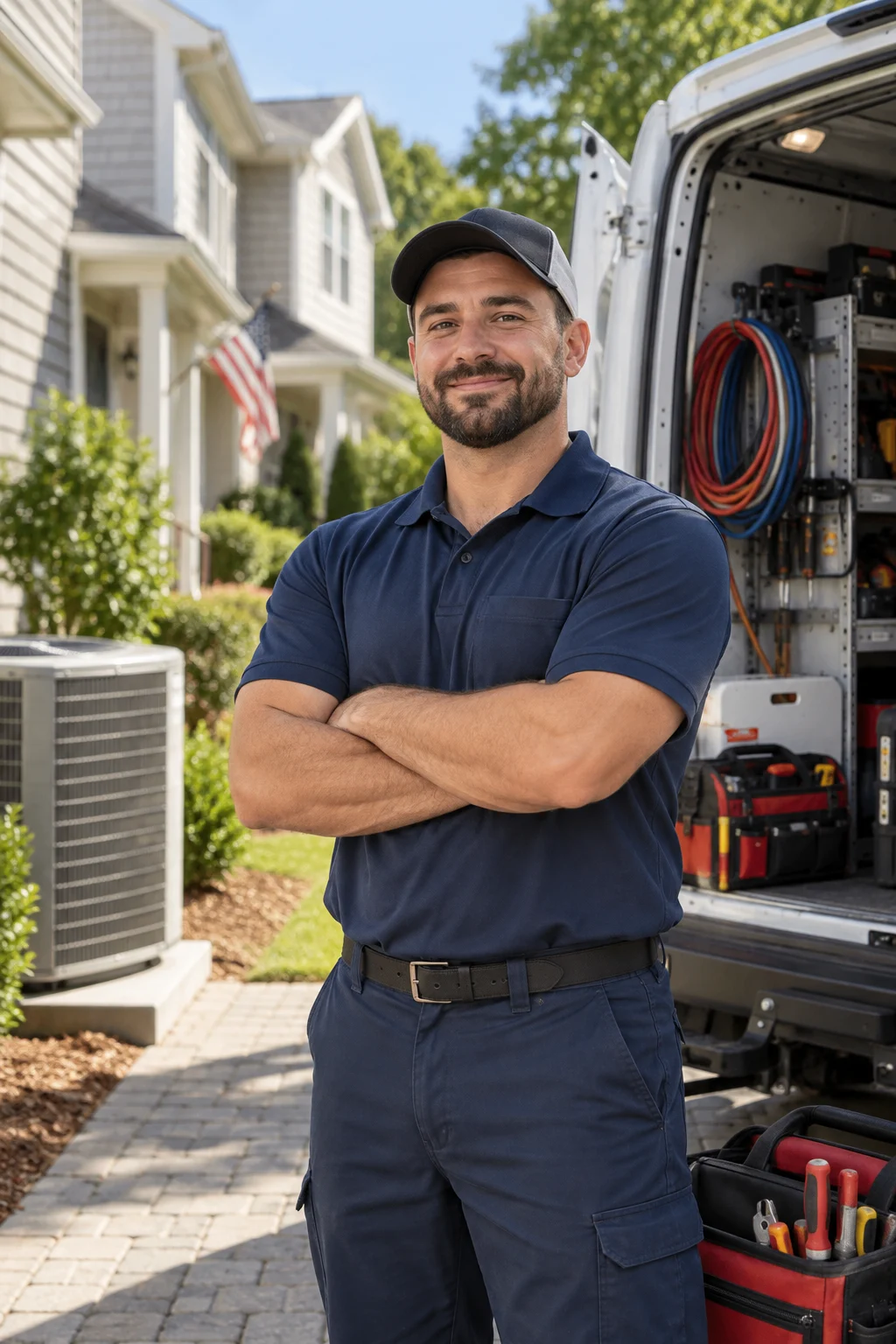 Trusty Taps Plumbing plumber in front of a stocked service van in Lake Worth, FL
